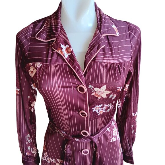 sz 8 True Vintage Boho Burgundy Midi Dress Belt Pinstripe Pattern Acetate 1970's - Picture 2 of 10